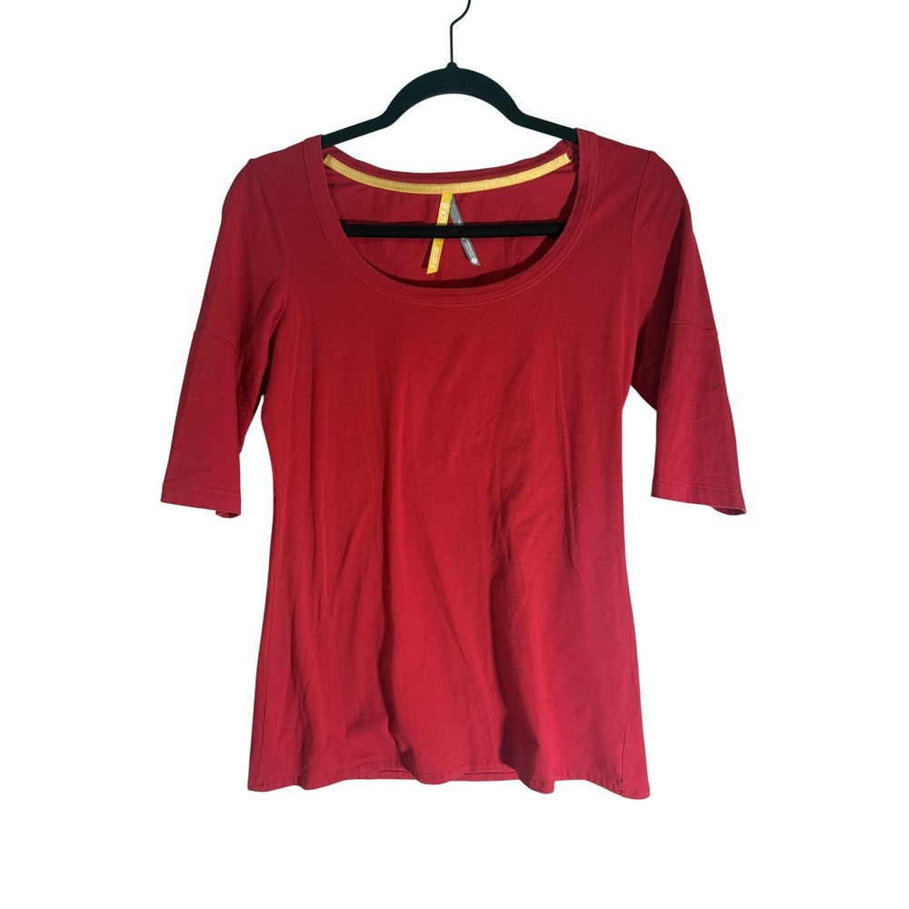Lole T-Shirt Womens M Red Scoop Neck 3/4 Sleeve Tunic Embroidered Stretch Jersey